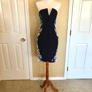 Finders Keepers navy blue strapless floral dress
